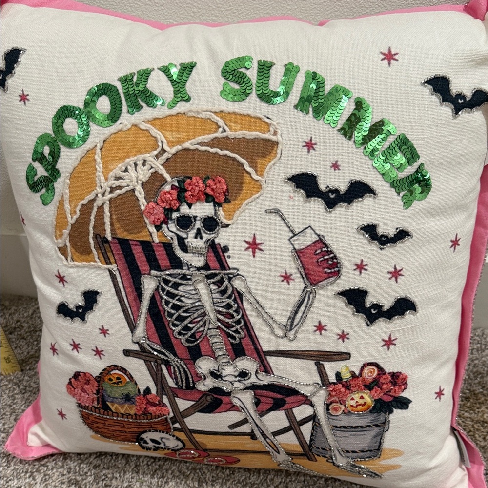 Cupcakes & Cashmere Skeleton Holiday Pillow - Pink and White